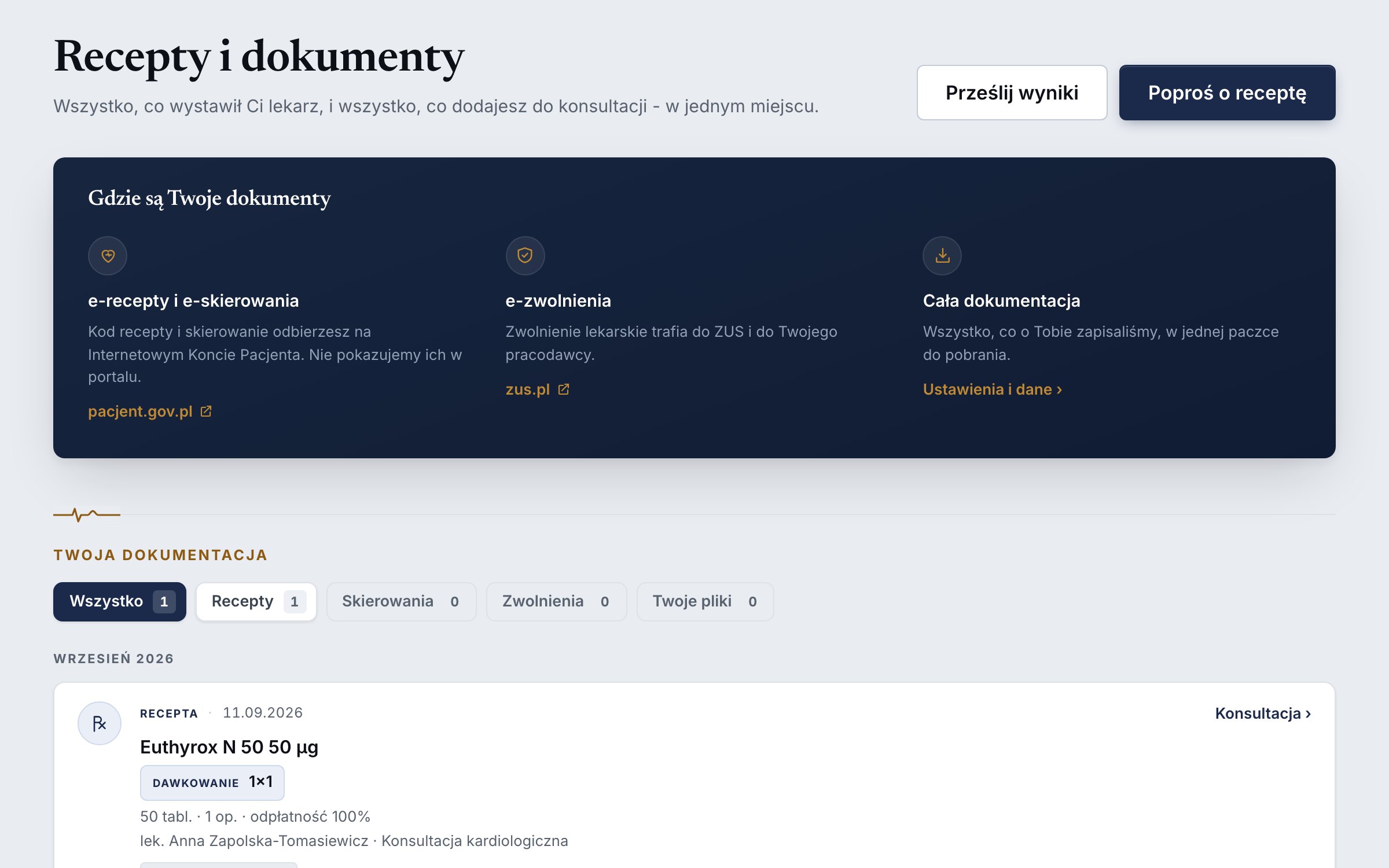 Recepty i dokumenty: karta „Gdzie są Twoje dokumenty”, filtry i oś czasu z receptą.